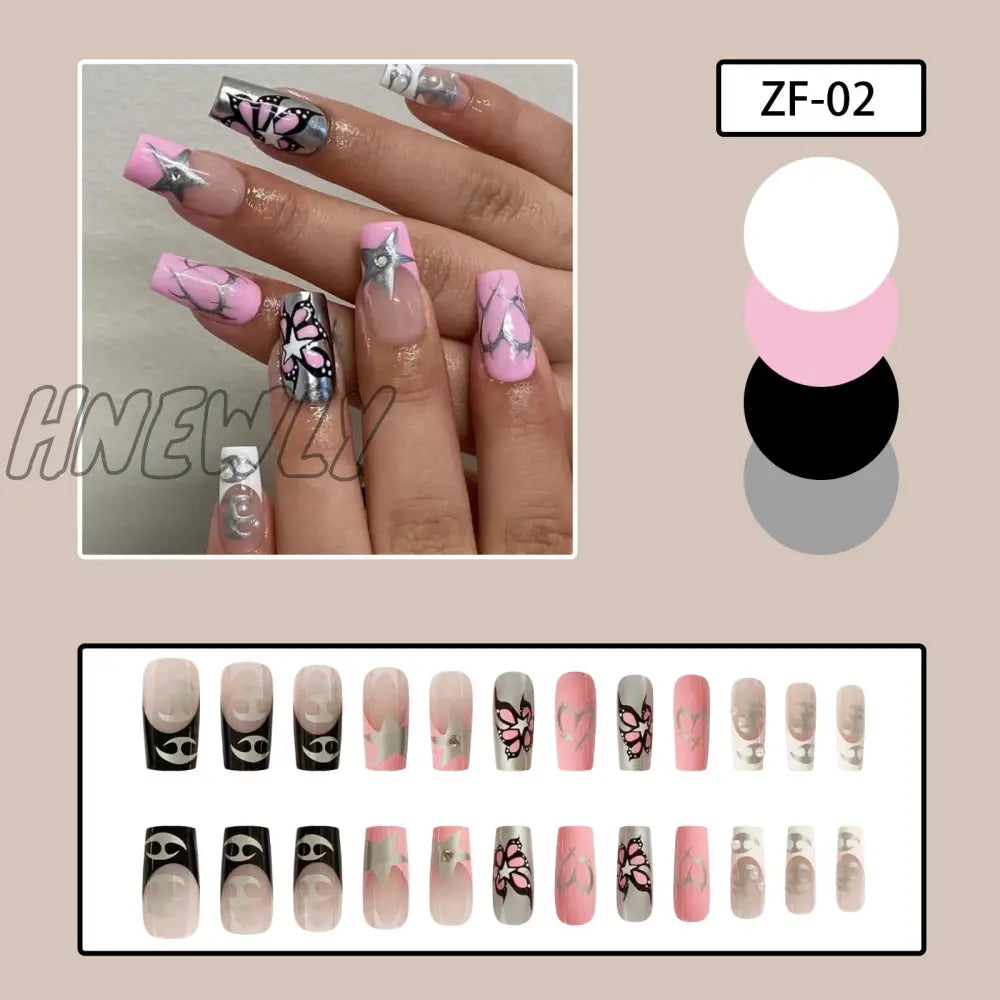 24Pcs Y2K Fake Nails Black White Star Printed Press On Nail Tips Long Coffin European Artificial