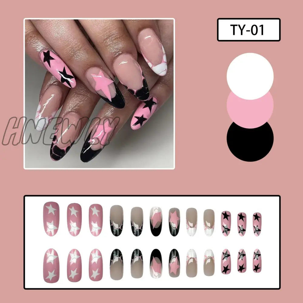 24Pcs Y2K Fake Nails Black White Star Printed Press On Nail Tips Long Coffin European Artificial