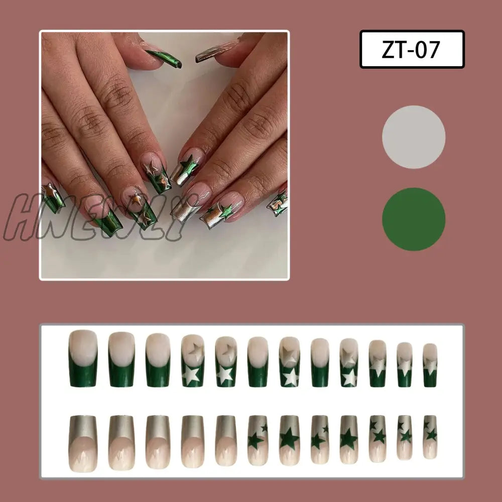 24Pcs Y2K Fake Nails Black White Star Printed Press On Nail Tips Long Coffin European Artificial