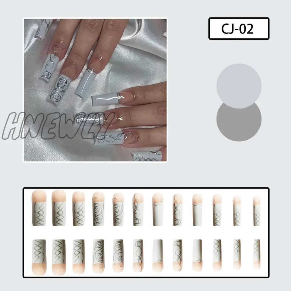 24Pcs Y2K Fake Nails Black White Star Printed Press On Nail Tips Long Coffin European Artificial