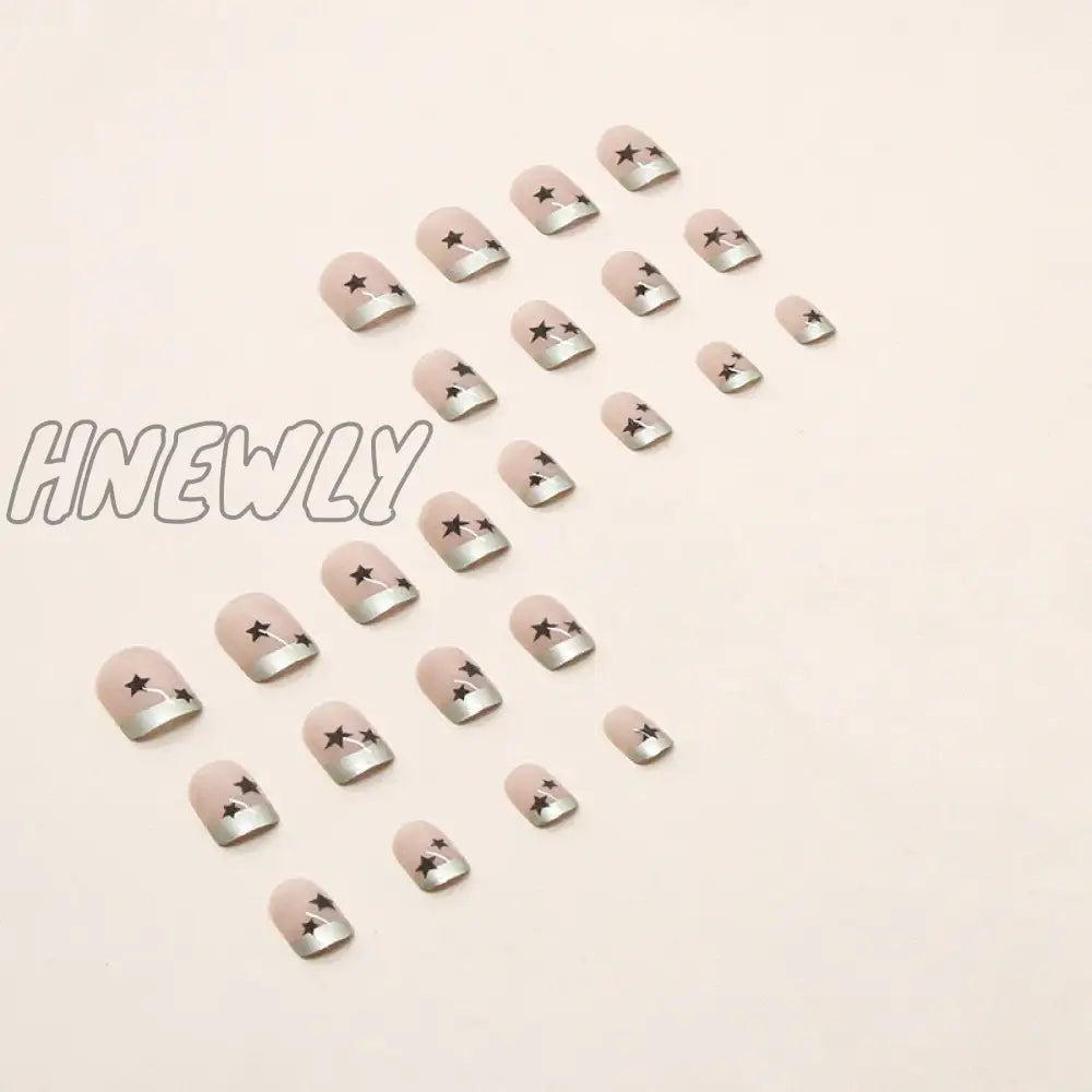 24Pcs Y2K Short Press On Nails Black Star French Gold Edge Design False Nail Patch Full Cover