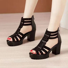 pantsparadises High Heels Gladiator Sandals Woman Open Head Sexy Black Rivet Block Heel Platform Shoes Summer Back Zip Size 35-40 Women Sandals