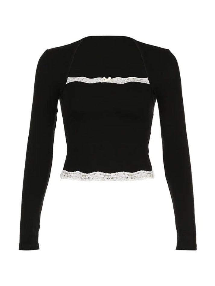 pantsparadises French Lace Trim Splice Slim Long Sleeve Tee