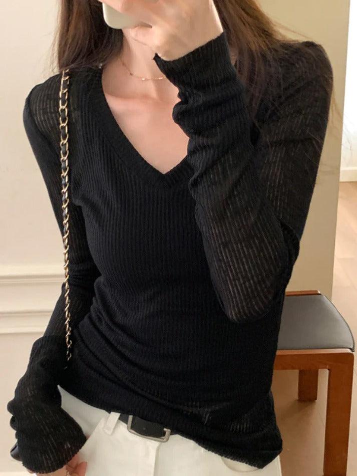 pantsparadises Ribbed V Neck Slim Long Sleeve Knit