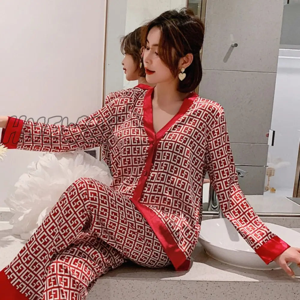 2Pcs Women’s Pajamas Sets Woman Pajama Summer V Neck Design Suit Long Sleeve Trousers Set Home