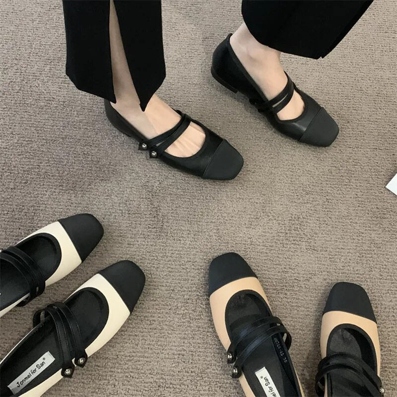 pantsparadises New Women's Flats Patchwork Double Buckle Mary Janes Shoes Black Toe Leather Shoes For Female Spring Autumn Zapatos Mujer