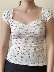 pantsparadises Cap Sleeve Square-Neck Lace Panel Cherry Print Top