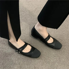 pantsparadises New Women's Flats Patchwork Double Buckle Mary Janes Shoes Black Toe Leather Shoes For Female Spring Autumn Zapatos Mujer