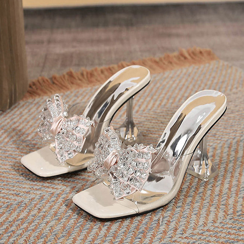 Women Shoes Clear High Heels Modern Slippers Street Sexy Crystal Bowknot Square Toe Transparent Sandals