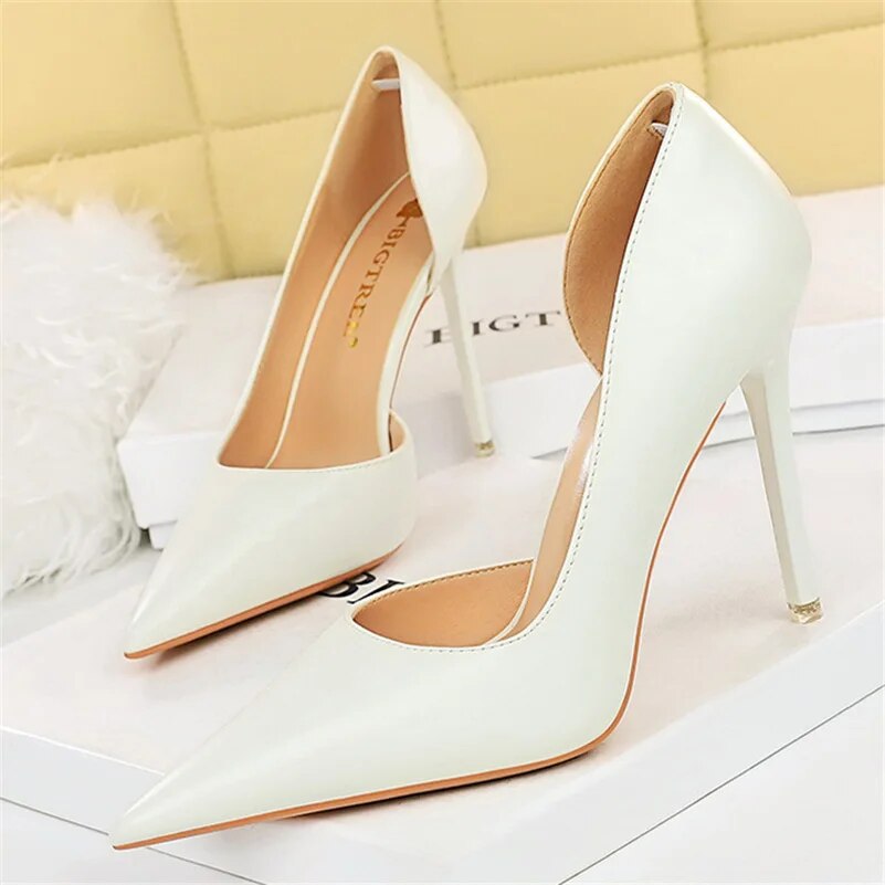 pantsparadises New Women 10.5cm High Heels Pumps Wedding Bridal Stiletto Sexy Retro Hollow Heels Lady Scarpins Office Party Nude White Shoes