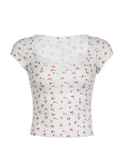 pantsparadises Cap Sleeve Square-Neck Lace Panel Cherry Print Top