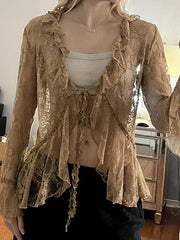 pantsparadises Lace Front Tie Bell Long-Sleeve Blouse