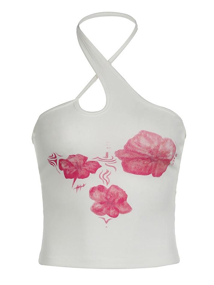 pantsparadises Cross Strap Flower Print Slim-Fit Crop Tank Top