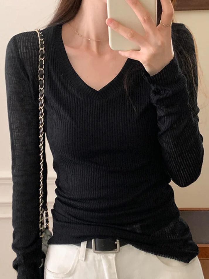 pantsparadises Ribbed V Neck Slim Long Sleeve Knit