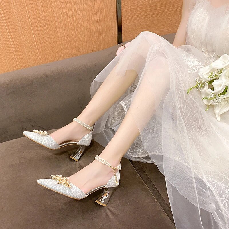 pantsparadises Ladies Shoes on Sale New Fashion Pointed Metal Beaded Solid Women's High Heels Summer Leisure Banquet Women Wedding Pump