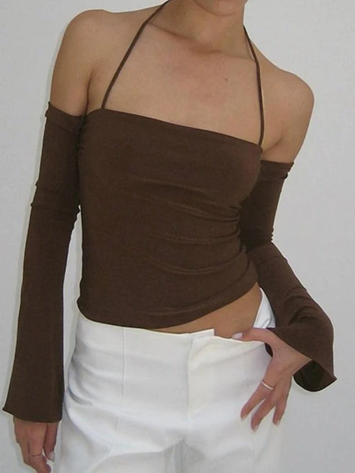 pantsparadises Solid Halter Off Shoulder Long Sleeve Tee