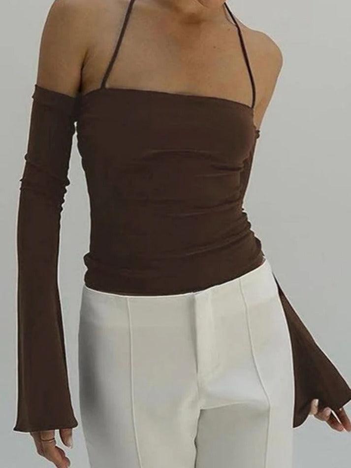 pantsparadises Solid Halter Off Shoulder Long Sleeve Tee