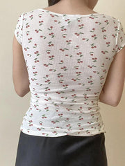 pantsparadises Cap Sleeve Square-Neck Lace Panel Cherry Print Top