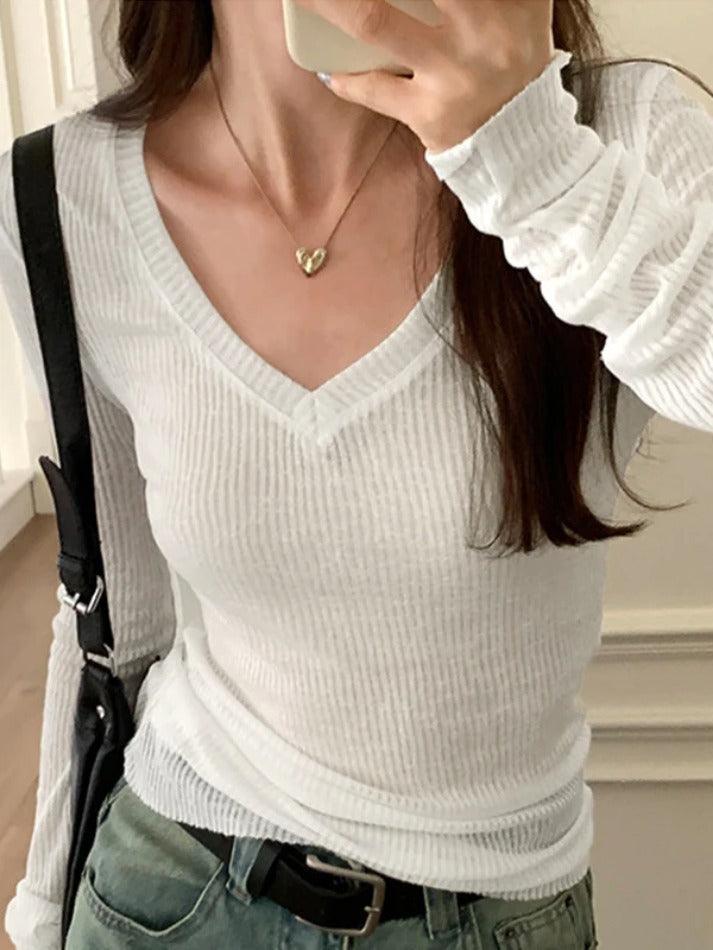 pantsparadises Ribbed V Neck Slim Long Sleeve Knit