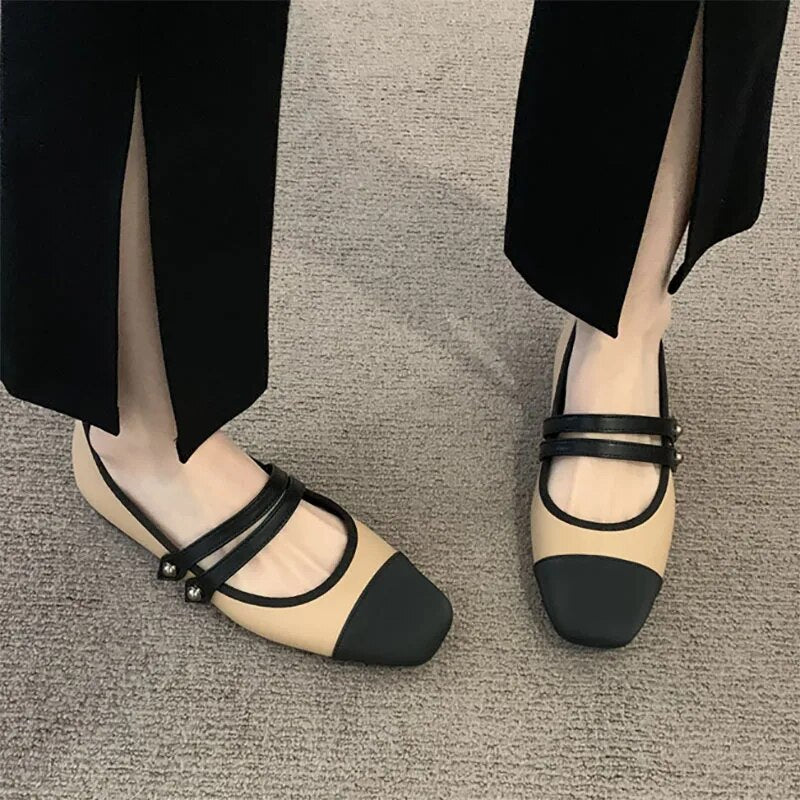 pantsparadises New Women's Flats Patchwork Double Buckle Mary Janes Shoes Black Toe Leather Shoes For Female Spring Autumn Zapatos Mujer