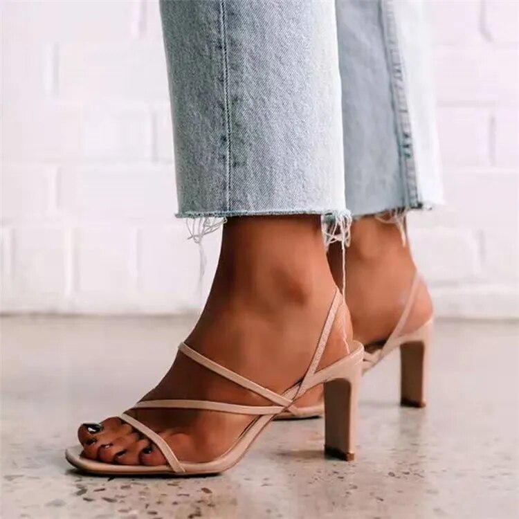 pantsparadises Women Sandals Pumps Summer Fashion Open Toe High Heels Shoes Female Thin Belt Thick Heels Party Casual Females 8/10cm Shoes