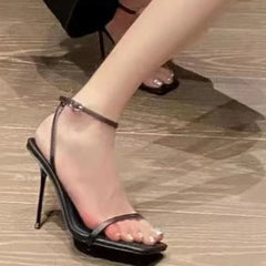 pantsparadises Fashion Shoes for Women Buckle Strap Solid Women's Sandals Peep Toe Thin Heels Super High Pump Women Square Toe Heeled Sandals