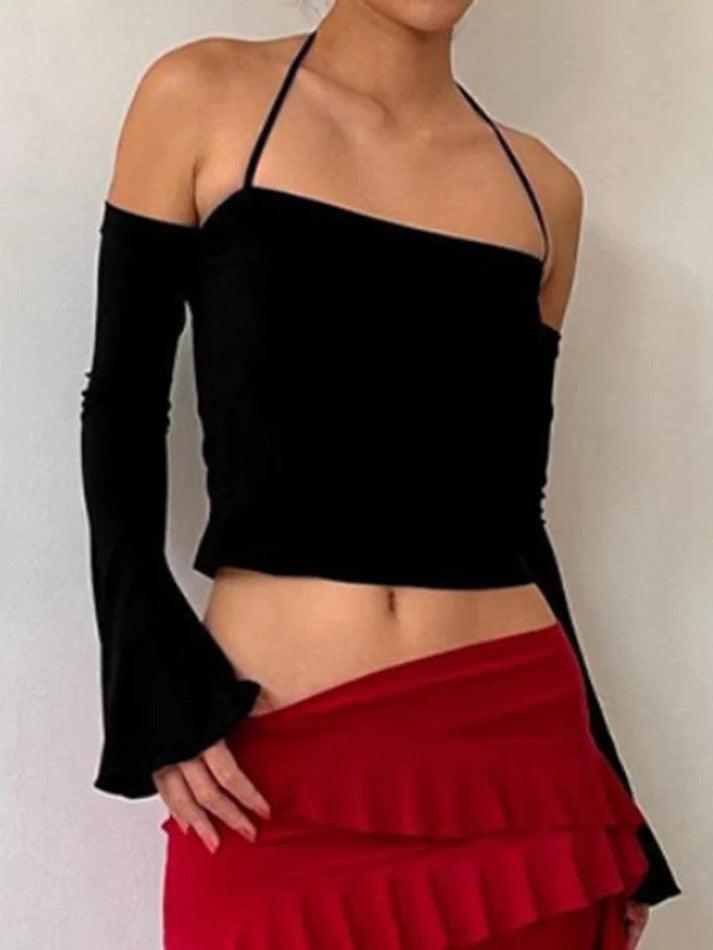 pantsparadises Solid Halter Off Shoulder Long Sleeve Tee