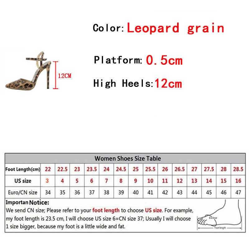 pantsparadises 2024 New Thin High Heels Women Pumps Sexy Leopard Grain Pointed Toe Stiletto Sandals Summer Party Dress Ankle Strap Shoes