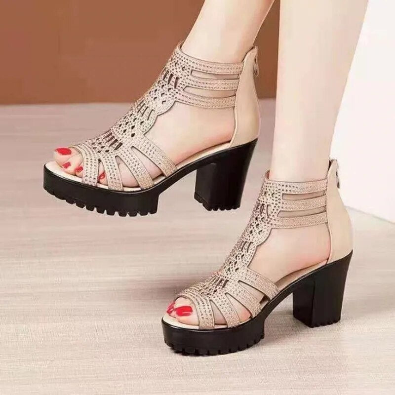 pantsparadises High Heels Gladiator Sandals Woman Open Head Sexy Black Rivet Block Heel Platform Shoes Summer Back Zip Size 35-40 Women Sandals