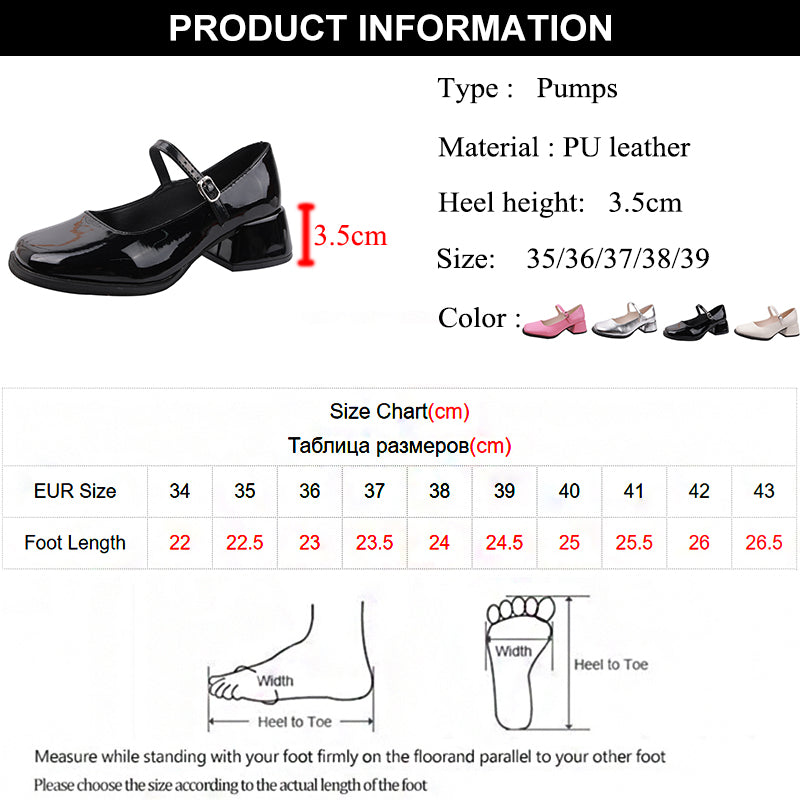 pantsparadises Red Med Heels Mary Jane Shoes for Women Square Toe Ankle Buckle Pumps Woman Pu Leather Thick Heeled Party Shoes Ladies