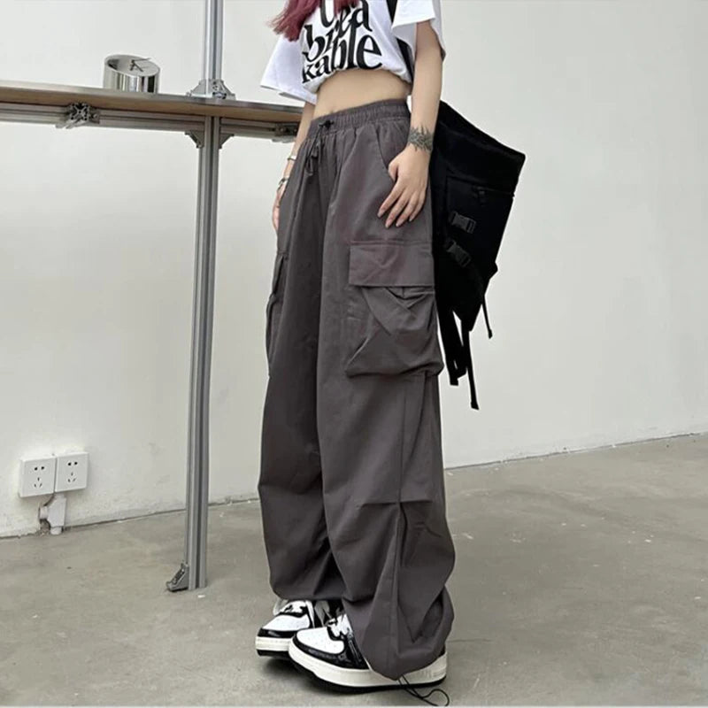 pantsparadises Women Casual Joggers Tech Pants Solid Low Waist Pants Drawstring Wide Leg Baggy Trousers Y2k Streetwear Oversize Sweatpants