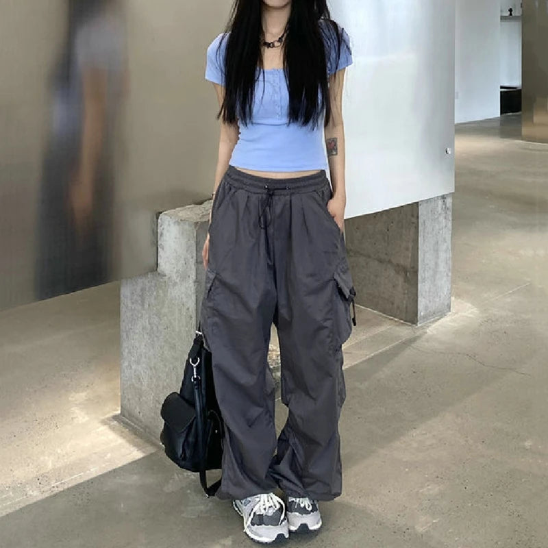 Women Casual Cargo Pant Solid Low Waist Drawstring Big Pockets Wide Leg Baggy Trousers Female Y2K Streetwear Oversize Sweatpants