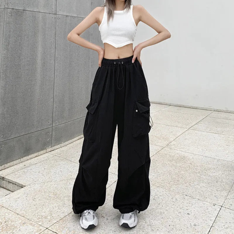 Women Casual Joggers Tech Pants Solid Low Waist Pants Drawstring Wide Leg Baggy Trousers Y2k Streetwear Oversize Sweatpants