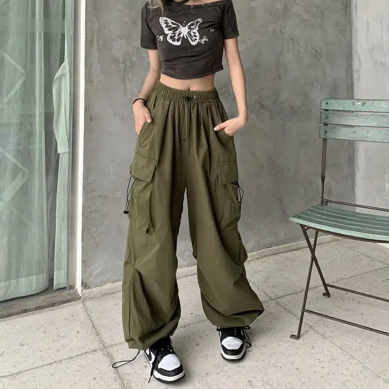 pantsparadises Women Casual Joggers Tech Pants Solid Low Waist Pants Drawstring Wide Leg Baggy Trousers Y2k Streetwear Oversize Sweatpants