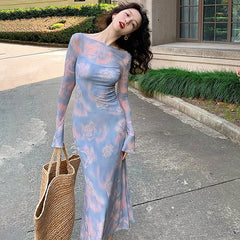 pantsparadises Women Dresses Autumn Slim New 2 Piece Set Casual O-Neck Dresses  Streetwear Fashion Tie Dye Lady Long Sleeves Pink Party Dress