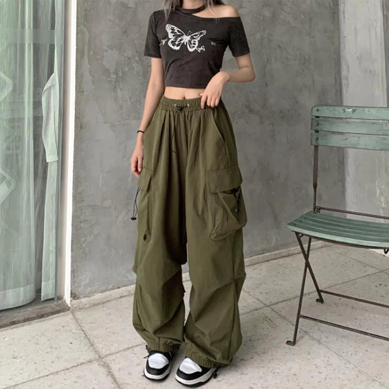 pantsparadises Women Casual Joggers Tech Pants Solid Low Waist Pants Drawstring Wide Leg Baggy Trousers Y2k Streetwear Oversize Sweatpants