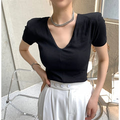 Casual Cotton V Neck Short Sleeve T-shirt Women Fashion Shoulder Pad Solid Color Summer Slim Tees Ladies Basic Elastic Tops