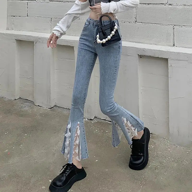 pantsparadises Chic Ankle-length High Waist Jeans Women Cute Lace Ruffles Patchwork Skinny Flare Pants Female Harajuku All-match Denim Trousers