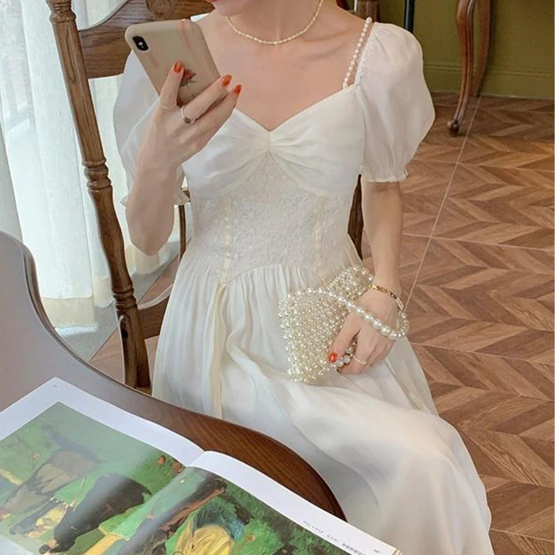 pantsparadises DRESS TO IMPRESS Elegant V-neck White Dress Women Puff Sleeve Lace Party Midi Dress Femme Korean One-piece Dress Summer Women's Clothing 2024 New