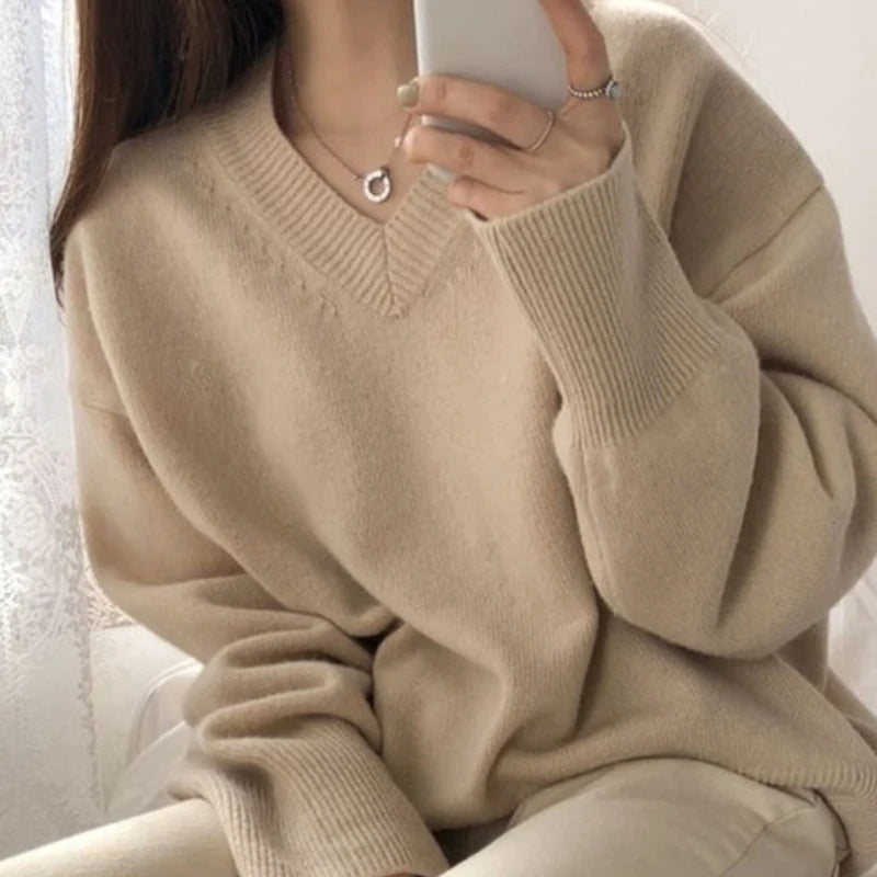 pantsparadises FALL OUTFIT Sweater Pullovers Women Spring New Chic Solid V-neck All-match Loose Simple Female Fashion Vintage Elegant Clothing Leisure Soft