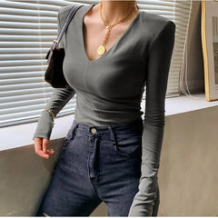 pantsparadises Casual Cotton V Neck Long Sleeve T-shirt Women Spring Autumn Fashion Shoulder Pad Slim Fit Female Tops Ladies Basic Elastic Tees