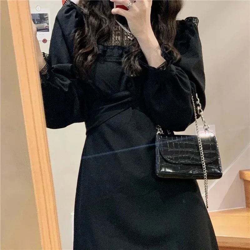 pantsparadises DRESS TO IMPRESS French Lace Vintage Dress Women Fashion Puffer Sleeve Elegant One Piece Dress Korean Spring High Street Slim Midi Dress  Y2k