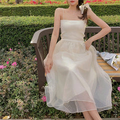 pantsparadises DRESS TO IMPRESS Sweet Elegant Fairy Long Dress White Mesh Sexy Party Strap Dress Summer Vintage Wedding Evening Victorian Dress Korean New