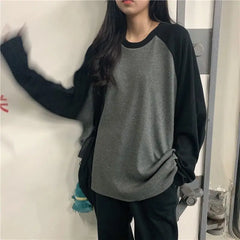 pantsparadises casual winter outfits New Female T-shirt Grey O Neck Contrast Color Long Sleeve T Shirt Loose Autumn Tee Tops for Women Shirts Patchwork