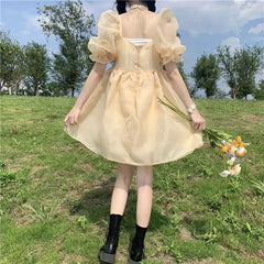 pantsparadises DRESS TO IMPRESS Yellow Sweet Princess Dress Women Japanese Fairy Sexy Backless Mini Dress Casual Korean Party Birthday Dress for Women New