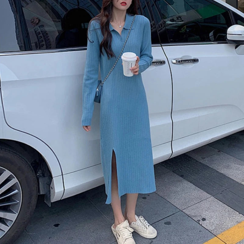 DRESS TO IMPRESS Elegant Split Knitted Dress Women Long Sleeve Fairy Office Lady Korean Party Dress Autumn Casual Evening One-piece Dress