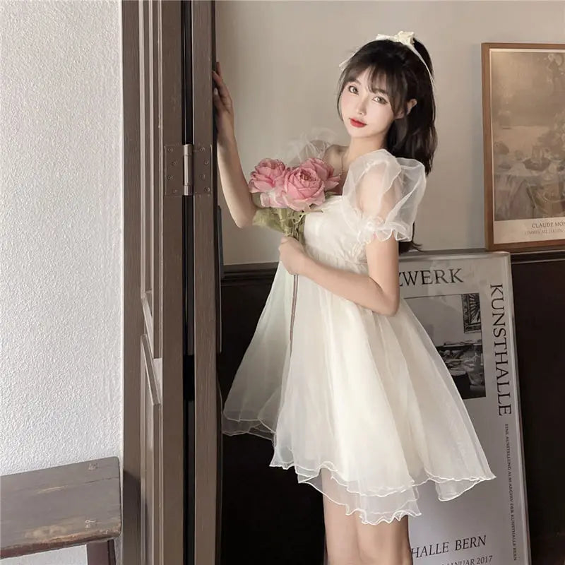 pantsparadises DRESS TO IMPRESS Summer Sexy Party Dress Women French Style Princess Sweet Kawaii Mini Dress Puff Sleeve Casual Office Elegant Dresses for Women