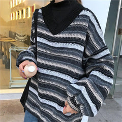 pantsparadises Knitted Sweaters Women Casual V Neck Stripe Pullover Sweater Autumn-winter Retro Jumper Harajuku Oversized Loose Sweater