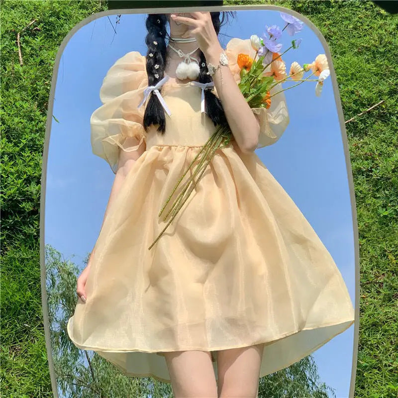 pantsparadises DRESS TO IMPRESS Yellow Sweet Princess Dress Women Japanese Fairy Sexy Backless Mini Dress Casual Korean Party Birthday Dress for Women New