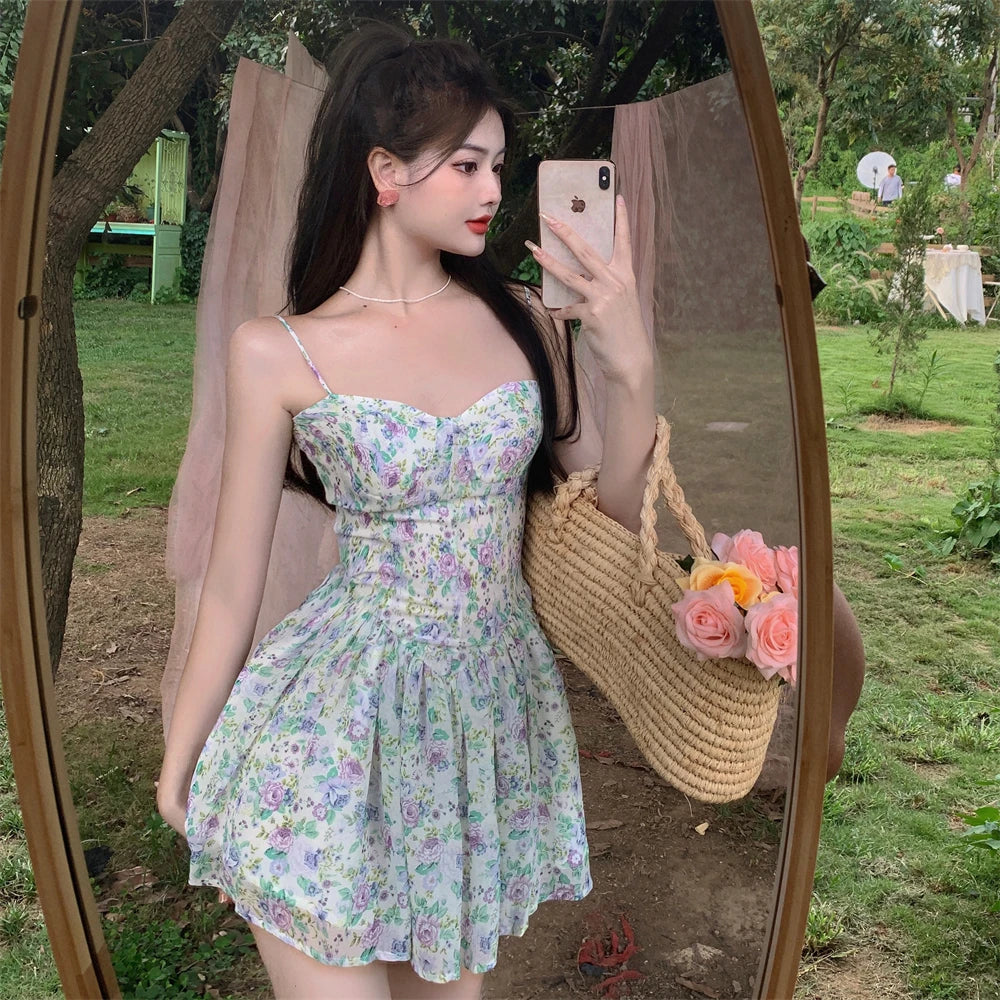 pantsparadises DRESS TO IMPRESS Sexy Strap Floral Dress Women Designer Korean Elegant Sweet Mini Dress Sleeveless Chiffon Slim Fairy Party Dress Summer New